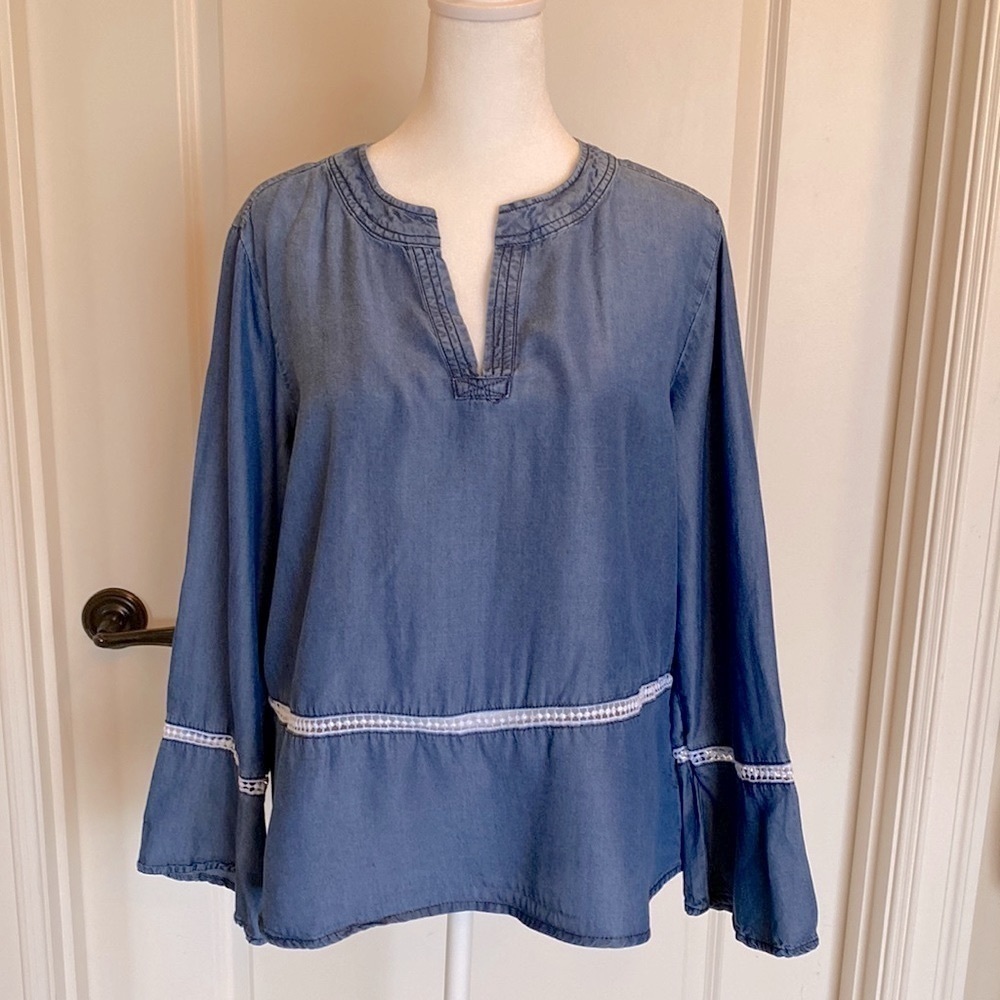 Lace Tunic Boho Blouse Top Womens L Lyocell bell sleeve Beach Coastal peasant
